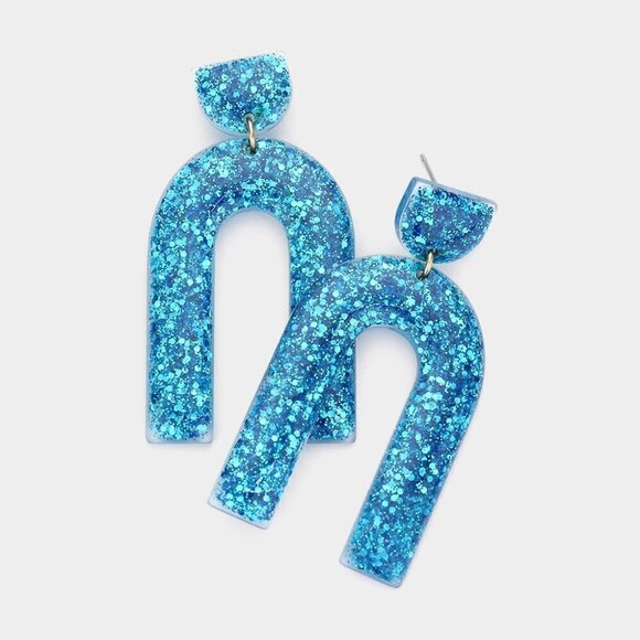 NWT Blue Glittered Resin Arch Dangle Earrings - Picture 1 of 7